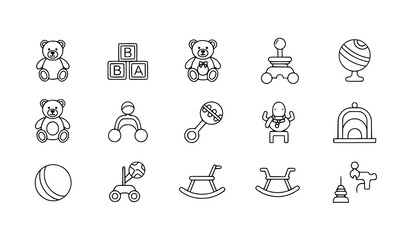 Fototapeta premium Baby toys icons minimal line style kids play vector collection