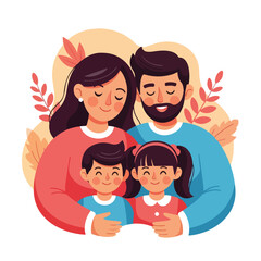 Obraz premium A cartoon family of four, parents and children smiling together