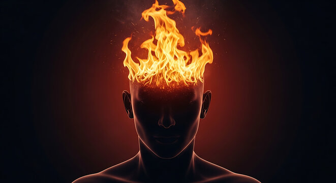 Man with head on fire symbolizing stress, pressure, or intense thinking and creative ideas