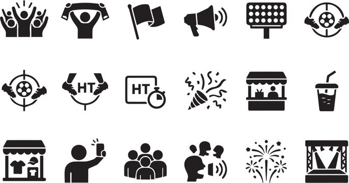Soccer event, fan celebration, and stadium experience vector icon collection