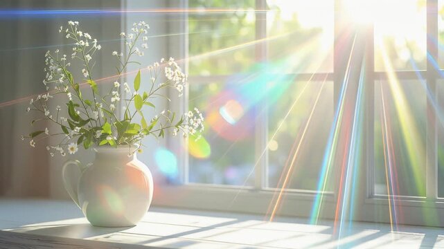 爽やかな太陽の光が射しこむ窓辺のショート動画（植物のあるイメージカット）