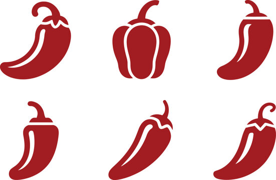 Red Chili Pepper and Bell Pepper Icons - Stylized Food Vector Set with Food Preparation