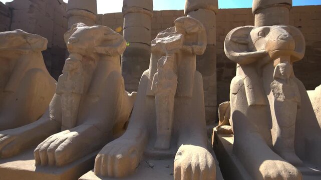 Karnak Temple in Luxor, Egypt. Ram-headed sphinx alley at Karnak Temple. Ancient stone statues of Amun god along sacred processional avenue.