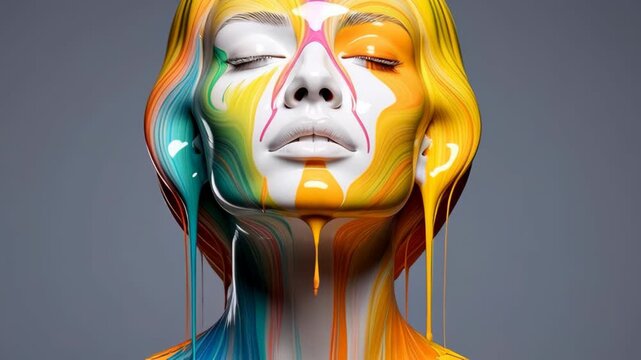 Abstract portrait of a serene woman with vibrant liquid paint flowing and splashing over her face and hair