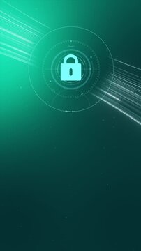 Vertical 4K Cyber Teal Security Background. Mobile Green HUD Loading to Secure Lock with Data Transfer Effect and Vertical Copy Space.