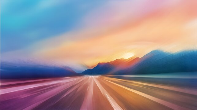 Vibrant sunset road illustration evokes peaceful travel through soft mountain landscapes