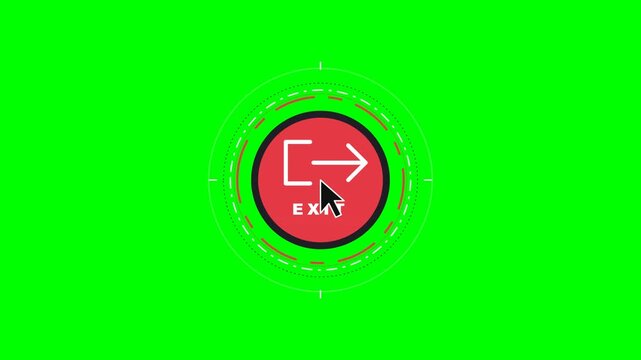 Dynamic exit button interface animation with a mouse cursor hover and click action showcased on a vibrant green screen, ideal for modern digital
