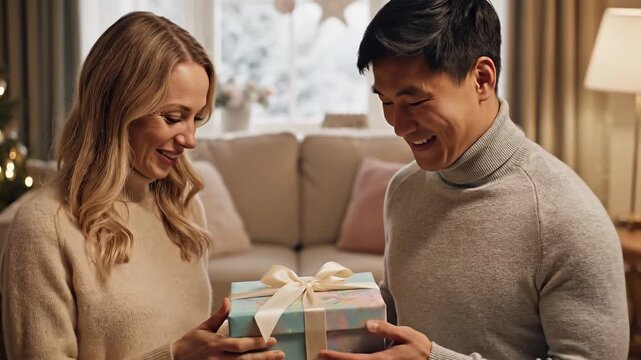 A joyful man and woman smiling warmly while exchanging a beautifully wrapped gift, celebrating a special occasion in a cozy, festive living room.