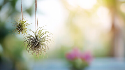 Obraz premium Air plants hanging indoor, green Tillandsia bulbs growing with soft sunlight and blurred background