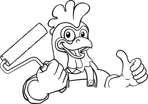 A chicken or rooster painter decorator handyman cartoon construction man mascot character holding a paint roller tool