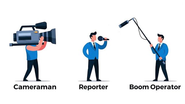 Illustration of media professionals capturing content cameraman, reporter, and boom operator in action