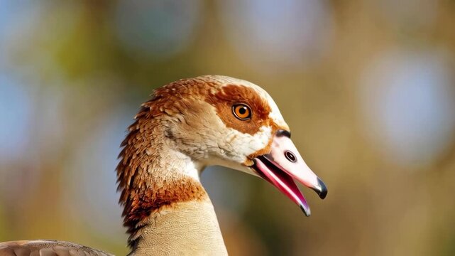 Detailed side profile of an Egyptian goose with brown plumage and pink bill against a soft green bokeh