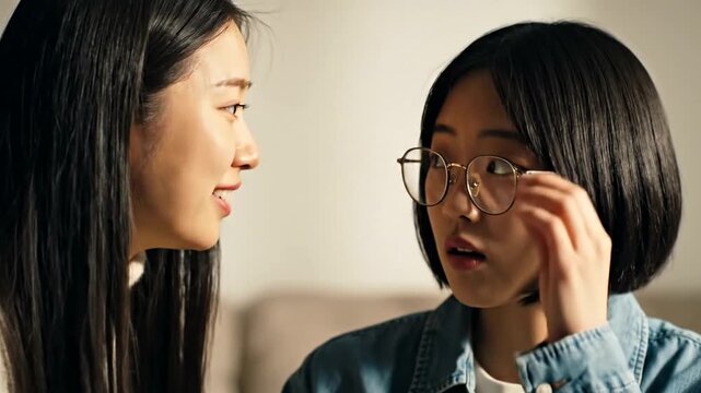 Two Asian women sharing a secret.