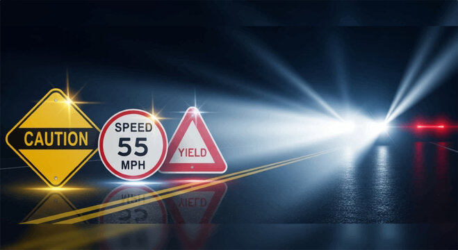 Caution road signs with speed limit and yield warning at night with headlights shining on wet asphalt road