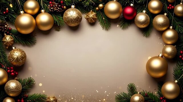 Elegant Christmas border with gold baubles and pine tree needles on a soft beige background with room for text