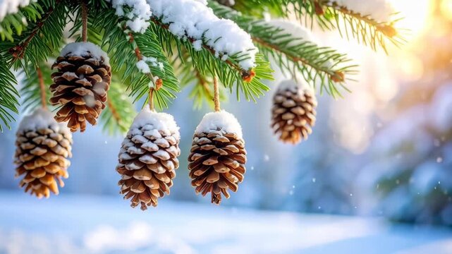 Close up of snow covered pine cones hanging on green spruce tree branches in a bright sunny winter forest