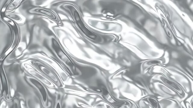 Abstract background of liquid silver metal with smooth wavy ripples and reflective shiny surface texture