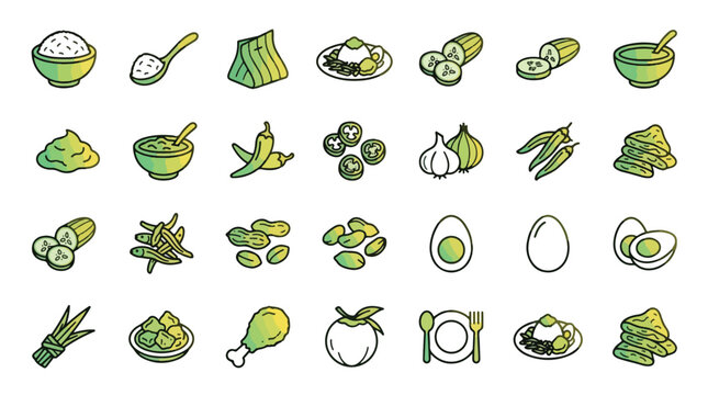 Nasi Lemak food set of icons in linear style. A collection of Malaysian cuisine linear icons, including coconut rice, sambal, anchovy, egg, cucumber, chicken, and more, stroke, breakfast, menu.