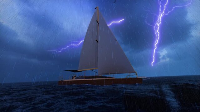 Sailing ships at sea amidst thunder, lightning, and torrential rain