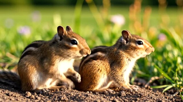 Two chipmunks sitting on ground together.