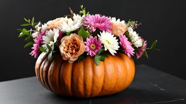 Vibrant fall flower bouquet with gerbera daisies and roses arranged in a hollowed out orange pumpkin centerpiece