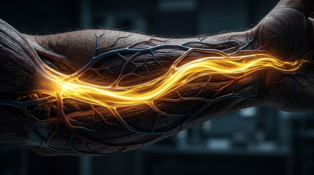 Intricate Illustration of Human Arm with Glowing Nerves and Blood Vessels on Dark Background