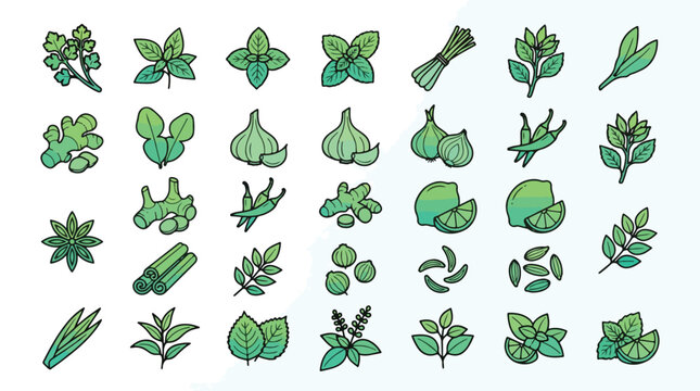 Herbs and Spices Icon Set in Linear Gradient Style. A collection of culinary linear icons, including ginger, garlic, chili, lime, cinnamon, basil, coriander, turmeric, lemongrass, and more. Vector.