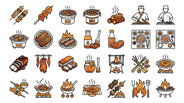 Barbecue and Grilling Icon Set in Linear Style. A collection of BBQ linear icons, including skewers, yakitori, yakiniku, grill, chef, meat, seafood, sauce, charcoal, stove, and more. Vector Art.