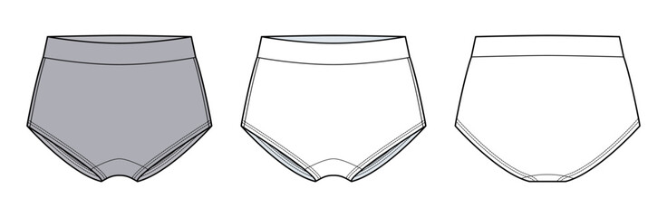 Light grey Contour Seam Brief Technical Fashion Illustration. Women’s High Waist Underwear with Shaped Front Panel and Curved Seam Detail Vector Template CAD Mockup. © aiven studio