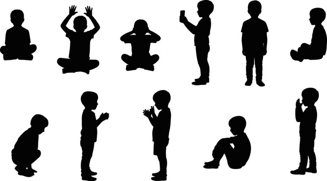 Kids silhouette set children sitting standing playing clapping phone poses boy child activity black vector illustration collection
