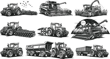 Obraz premium Agricultural machinery silhouette set with tractors combine harvester forage chopper and trailers, farming equipment in field, vintage engraving style vector illustration collection