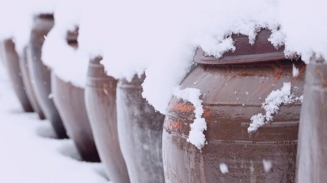 Diagonal Row of Snow Covered Korean Onggi Jars