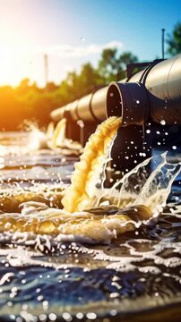 Industrial wastewater pipe discharging dirty water into a river with sunlight flare