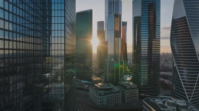 Sunset over modern cityscape with skyscrapers and 1 (28) reference buildings