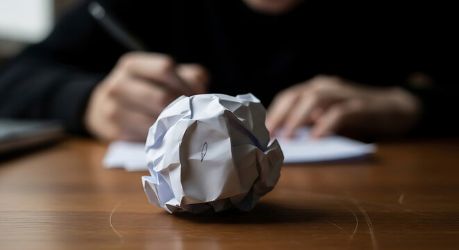 Crumpled paper symbolizing frustration and mistakes during the creative writing process at a desk
