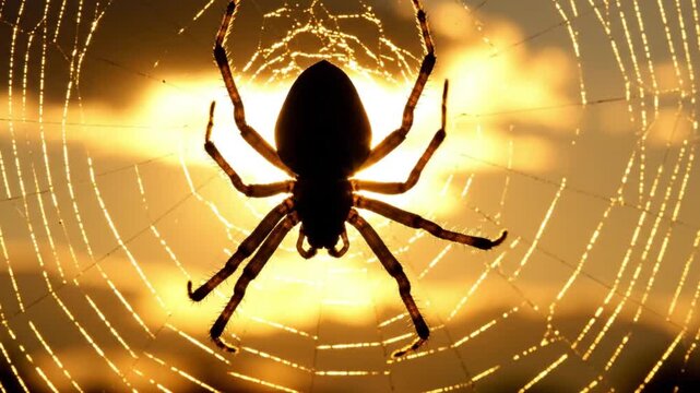 Silhouetted Arachnid Centered on Intricate Orb Web Against Bright Golden Sunset Sky Background