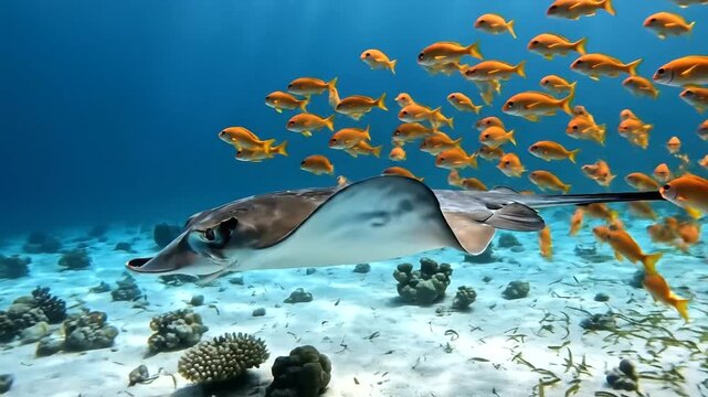 Underwater scene with stingray and fish.