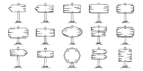 A collection of various wooden signs and pointers on stands in a row © Dhani