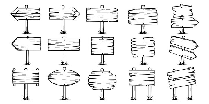 A collection of wooden signs on posts in various shapes and directions.
