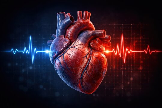 Human Heart with EKG Waveform Showing Vital Life Signs and Health