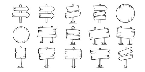 Collection of various wooden signboards and directional arrows on stands © Dhani