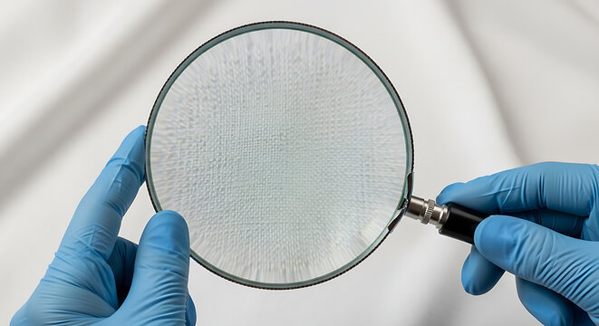Detailed textile inspection gloved hands meticulously examine fabric quality with a magnifying glass