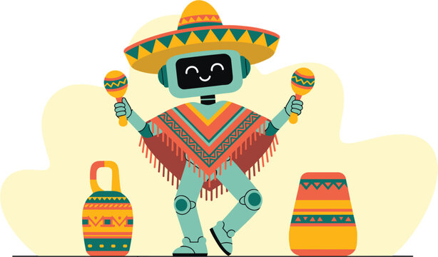Cute robot wearing a mexican sombrero and poncho holding maracas