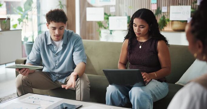 Man, team and planning on tablet at office meeting for talk, explain or documents at media company. People, group and tech with app for proposal review, feedback or collaboration at creative agency