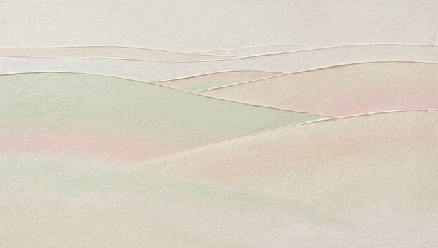 Painted landscape background made of oil paint in pastel pink and light green with thick brushstrokes and canvas texture in full frame.