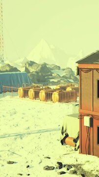 A research station is set up in a snowy area. Storage tanks are visible in the background. Mountains are seen farther away, and the environment is cold and remote.
