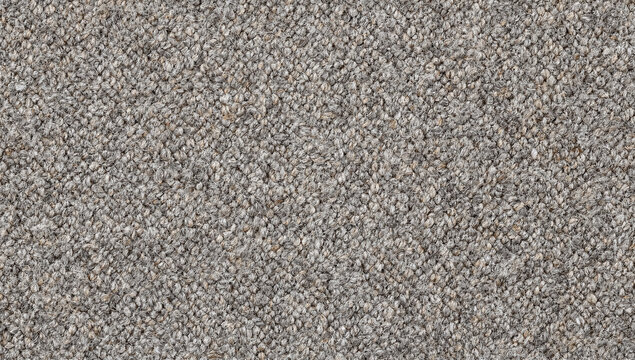 Carpet floor covering made of woven synthetic fibers in speckled grey and beige with dense loop pile texture in a flat top view.