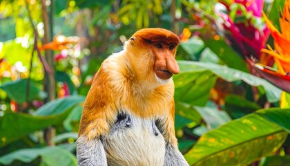 Fototapeta premium A vibrant primate amidst lush greenery and colorful flora