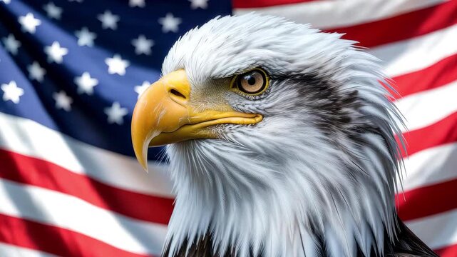 Bald eagle close up against american flag patriotic symbolism national emblem