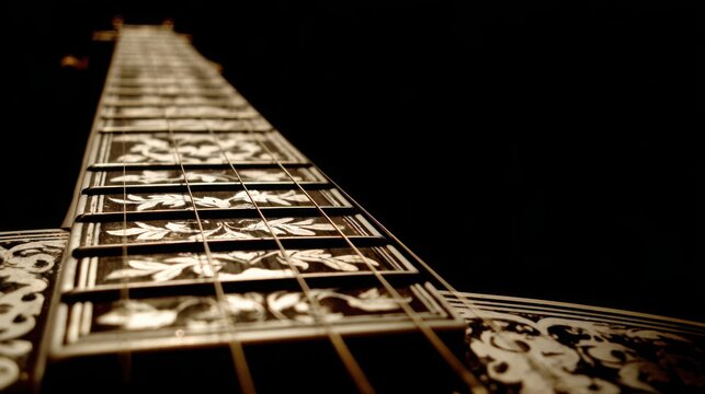 Exquisite pearl inlay detailing on a vintage guitar neck, showcasing intricate craftsmanship and musical artistry